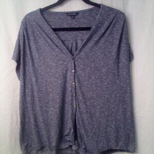 Max Edition Blouse L Short Sleeve Button Front Tie Hem V-Neck Blue